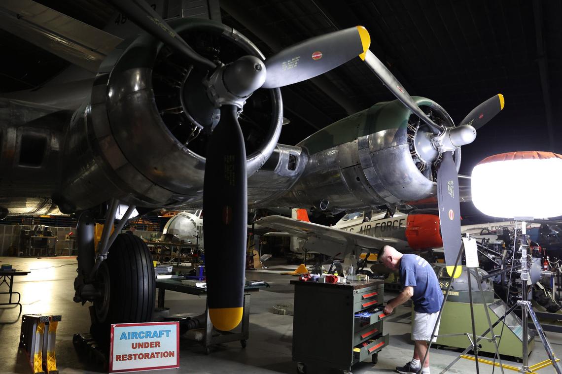 Restoration volunteer Mike Woods works on the B-17 Flying Fortress on Thursday, July 25, 2024, in the Scott Exhibit Hangar at the Museum of Aviation in Warner Robins, Georgia. Woods is one of a number of volunteers that have worked on restoring the aircraft since 2015.