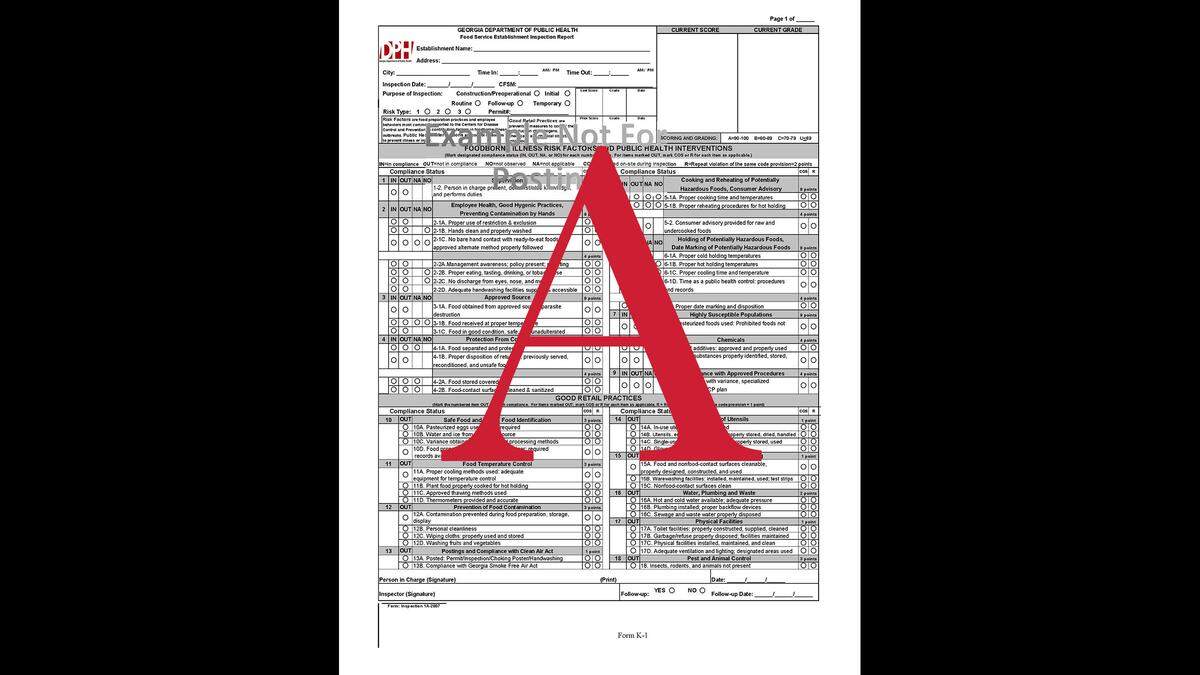 An “A” is given for a score between 90 and 100 on Georgia Department of Public Health inspections and denotes “food safety excellence.”