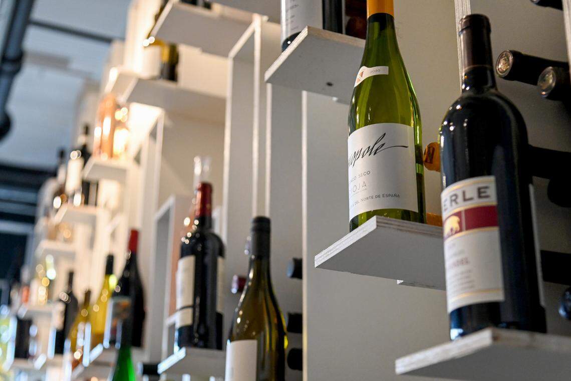 Selection of wine behind the bar at Philosophie Wine Bar located at 616 Poplar St. in Macon.