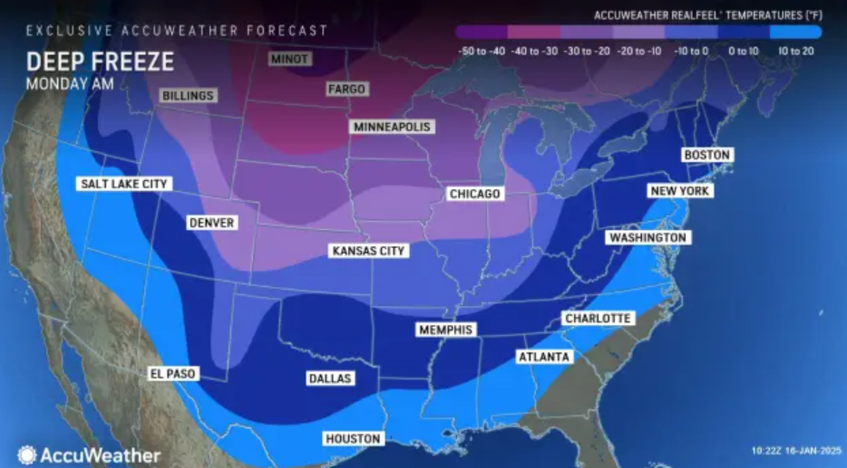 AccuWeather is predicting a deep freeze for much of the country on Jan. 20th.