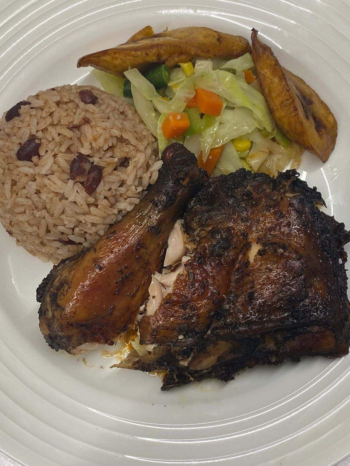 Jerk chicken at J & F Caribbean Delight at 100 Gunn Road in Centerville.