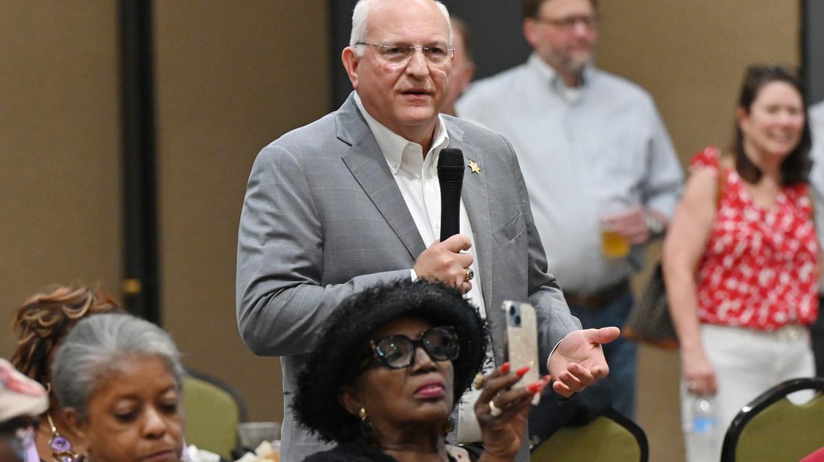 Bibb County Sheriff David Davis thanks reelection celebration attendees for their support on Thursday, May 30, 2024, at the Edgar H. Wilson conference center in Macon, Georgia. Davis held the event to commemorate his reelection into a fourth consecutive term as Bibb County Sheriff.