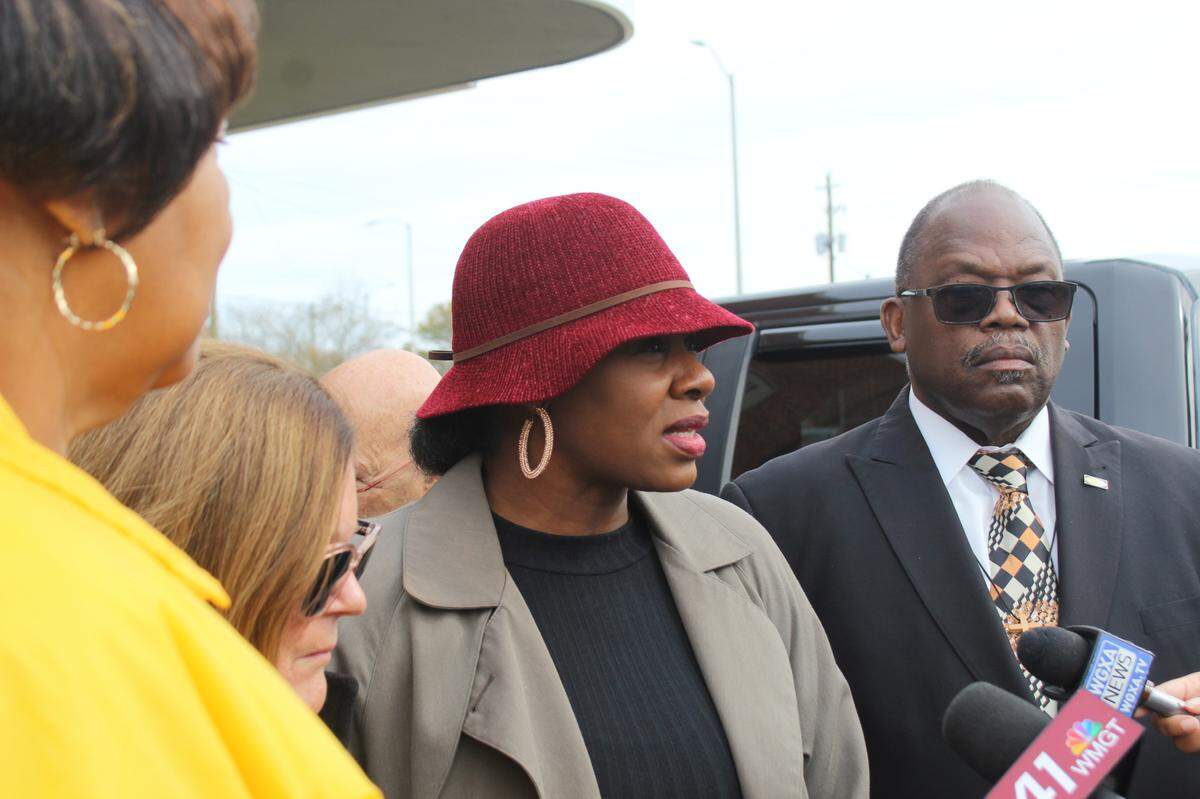 (left to right) Gwenette Westbrooks, Cathy Southiere, Katina Atmore and Edward Dubose hold a press conference on behalf of the NAACP at the Bibb County Sheriff’s Office downtown annex in Macon, Ga. on Friday, Dec. 13, 2024. They urged investigators to charge a suspect for an alleged hate crime that occurred on Election Day.
