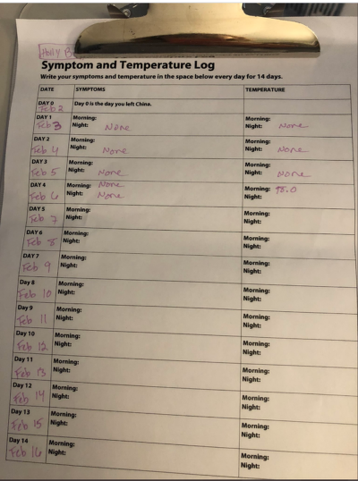 The quarantine log given to the family.