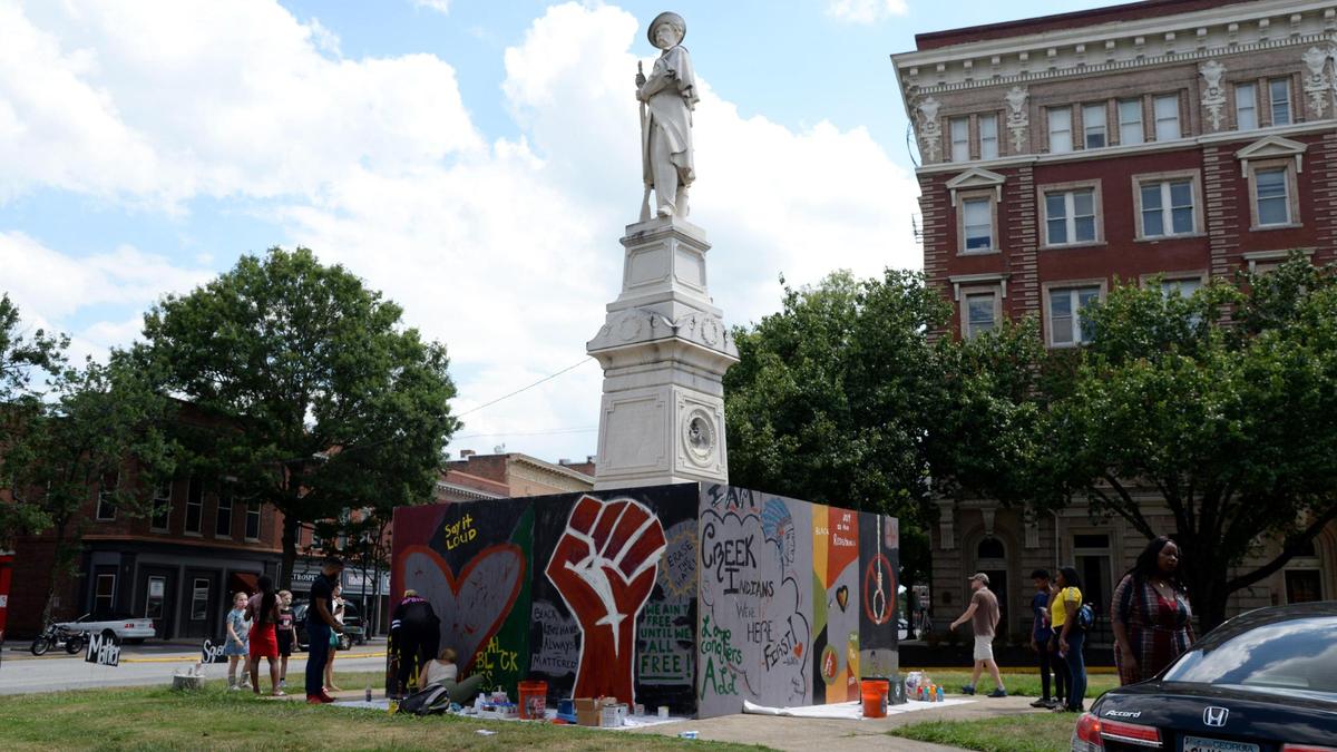 In June, people painted a #BlockTheHate mural that was constructed around the Confederate monument at the corner of Cotton Avenue and Second Street in Macon. The mural was created to block the statue from being defaced while also promoting a positive message of love and unity until the statue can be removed.