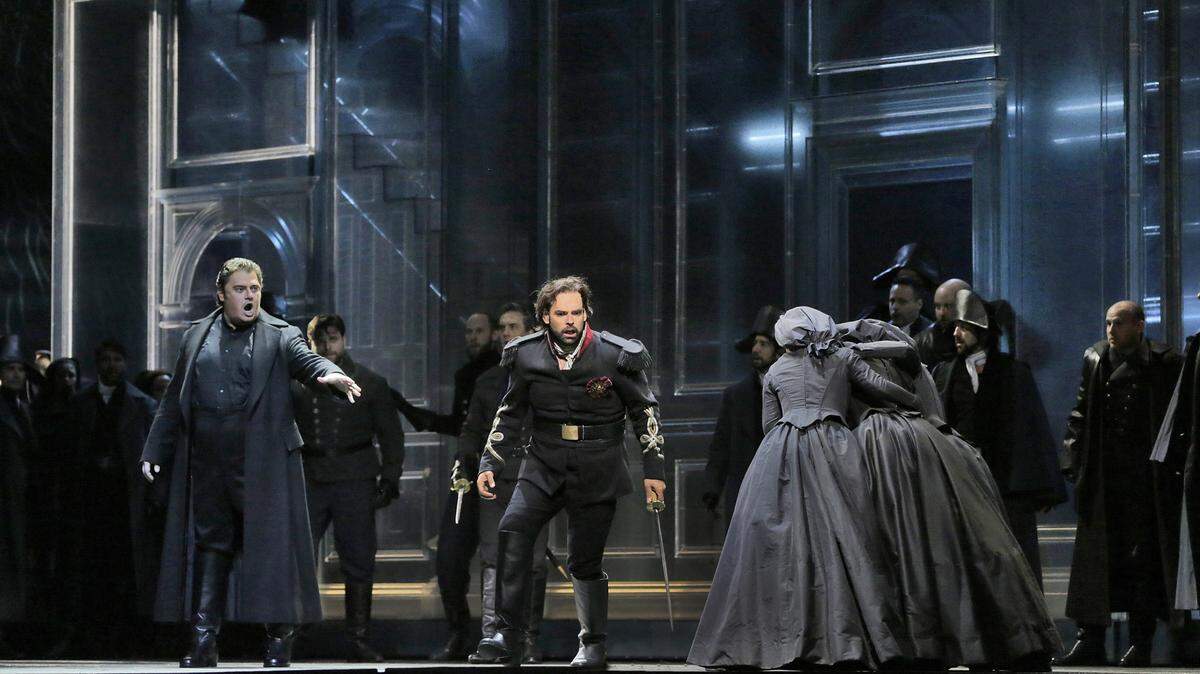 KEN HOWARD/ METROPOLITAN OPERAAleksandrs Antonenko, left, plays the title character, while Dimitri Pittas is Cassio in Verdi’s “Otello.”