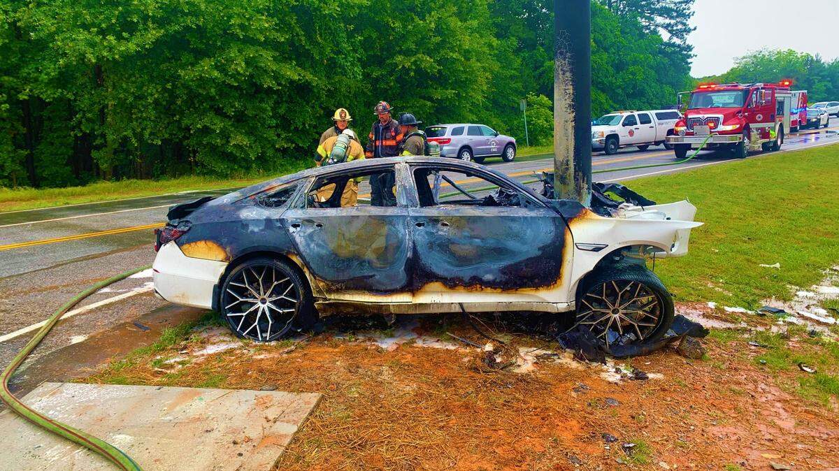An Eatonton man was killed Monday when the 2020 Honda Accord that he was driving smashed into a utility pole near Lake Oconee and burst into flames.
