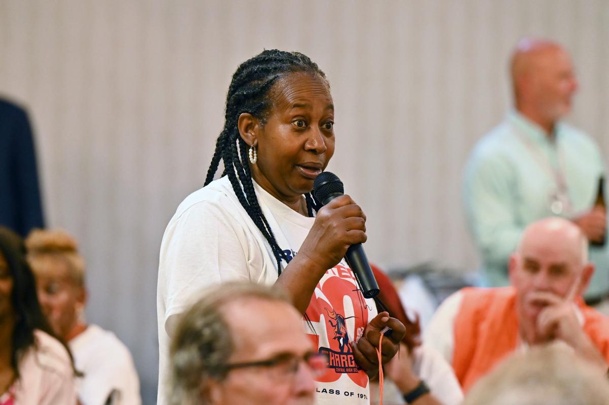 Shirley Lawson speaks to reunion attendees during the Central High School Class of 1974 50th reunion on Friday, June 21, 2024, at the Wingate by Wyndham Macon in Macon, Georgia. The Class of 1974 was the first graduating class to attend all four years at Central High School, which was established in response to the integration of Bibb County Schools in 1970 by combining A.L. Miller and Lanier High School.