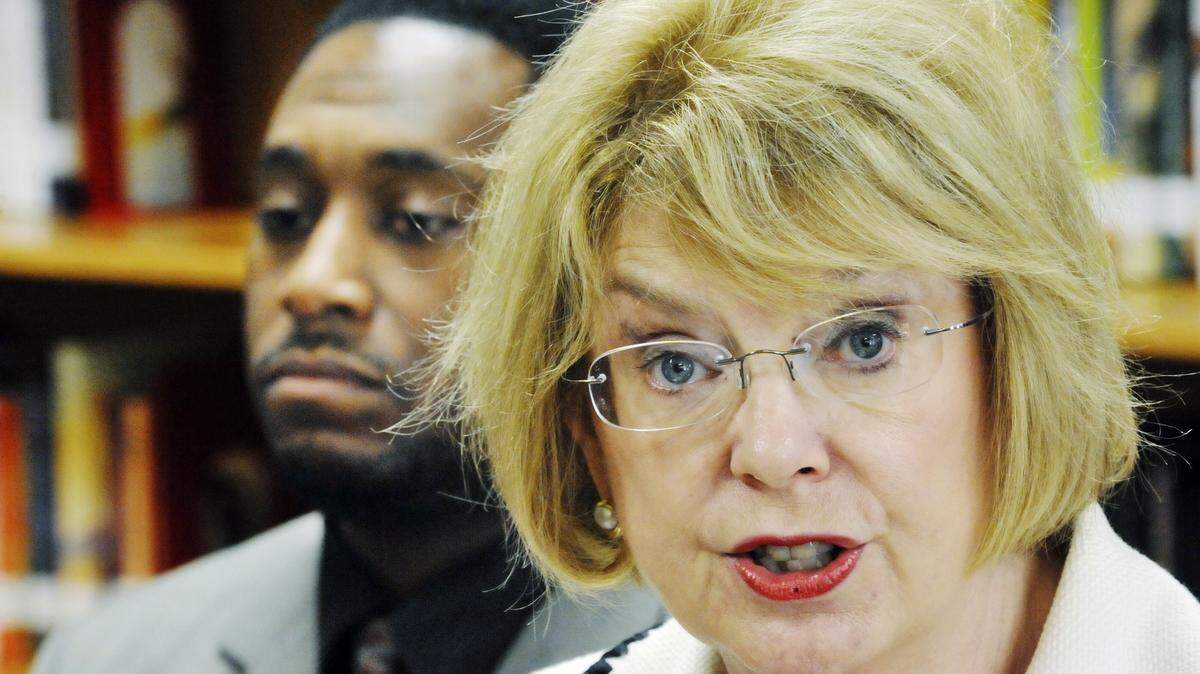 Bibb County School Superintendent Sharon Patterson addresses the media gathered at a press conference at Bloomfield Middle School Aug. 26, 2009.
