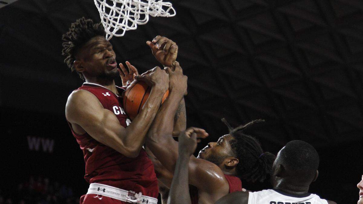 South Carolina forward Chris Silva comes down with one of his team's 46 rebounds against Georgia.