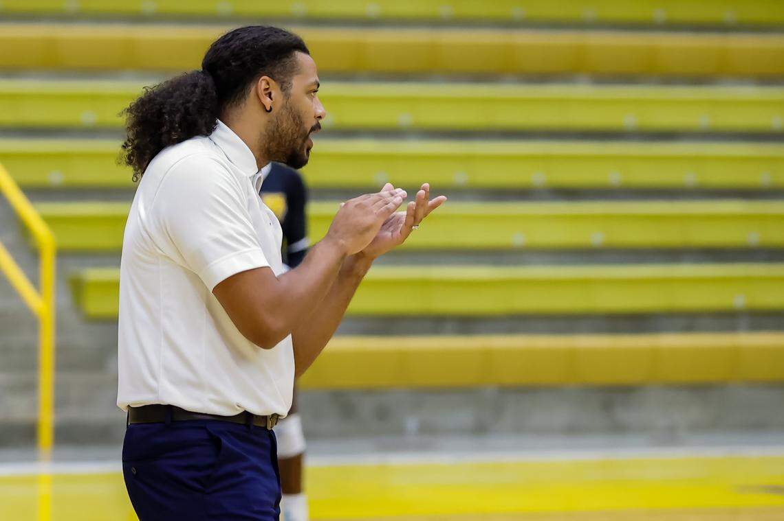 Fort Valley State University volleyball coach Larry Wrather during a women’s volleyball game last season. Wrather and the Wildcats’ men’s volleyball team will kick off their inaugural season Friday night.