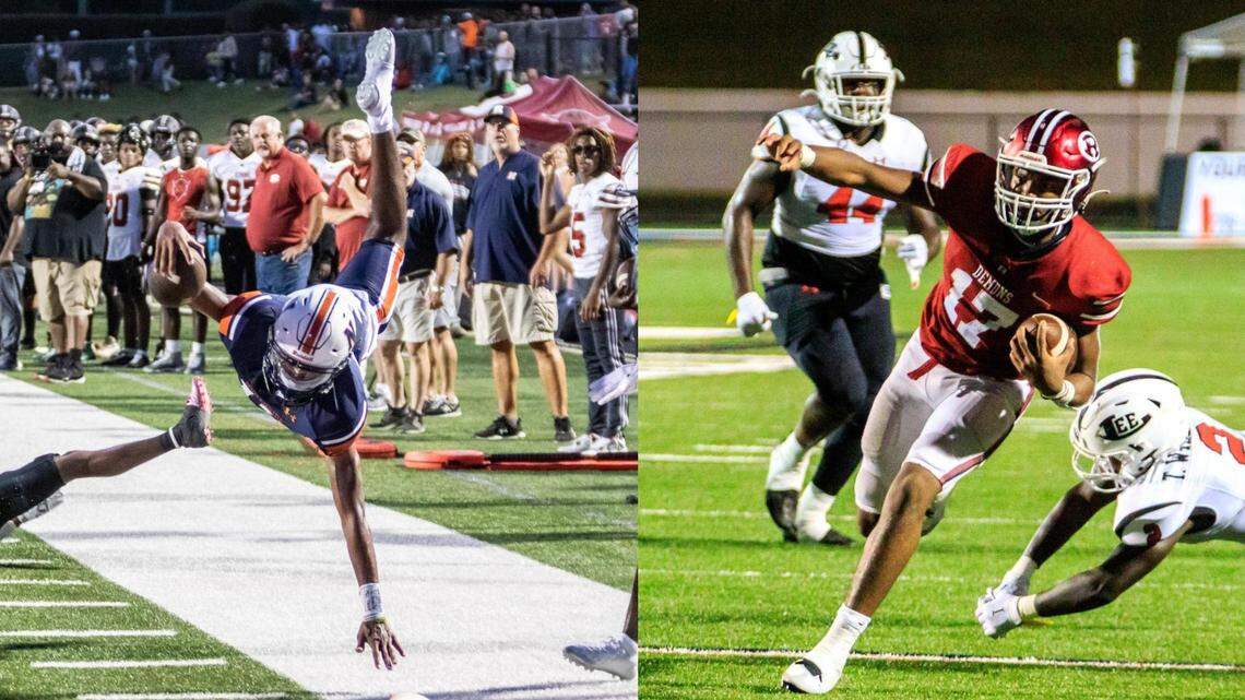 Northside QB Damien Dee dives toward the endzone during the Eagles’ matchup against Warner Robins in 2022, while Demons’ QB Chase Reese escapes a defender in a file photo. The latest edition of the WR/Northside rivalry is slated for Friday.