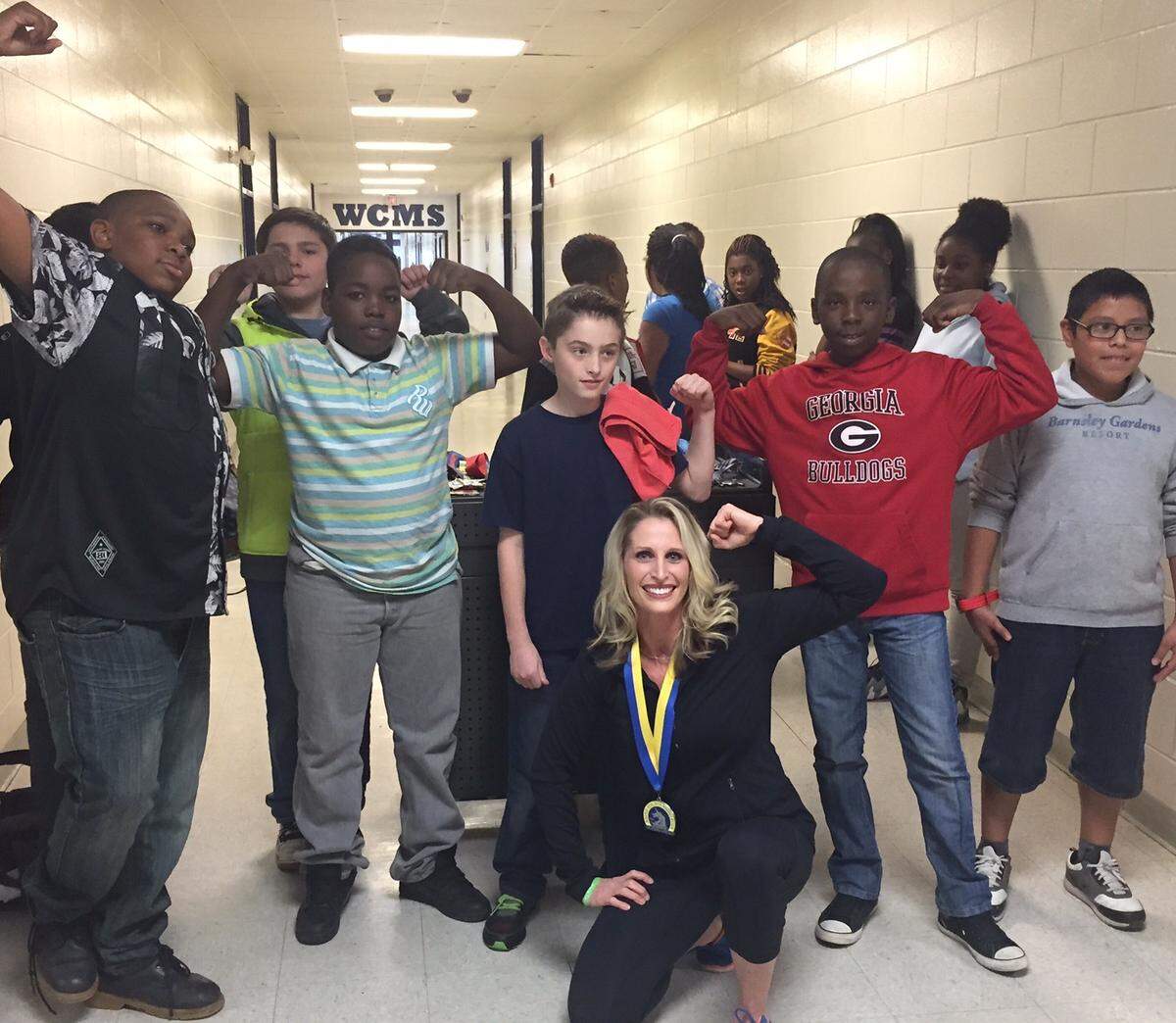 Stephanie Freeman with one of the school groups she has spoken to.