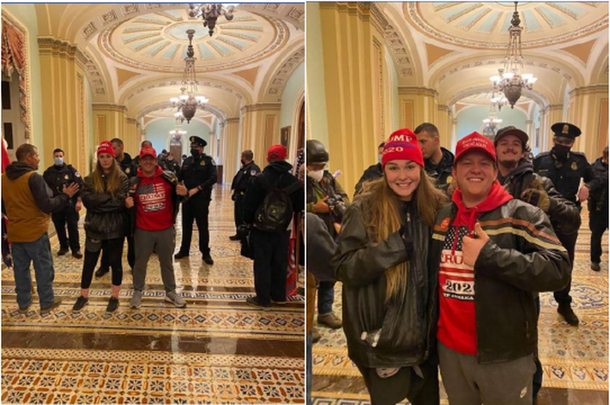 Savannah McDonald and Nolan Kidd inside the U.S. Capitol after disrupting Congress as they attempted to certify the 2020 presidential election on Jan. 6, 2021. Kidd posted the pictures onto his Facebook. McDonald was sentenced to 21 days in jail while Kidd was sentenced to 45 days in jail. Both were ordered to pay $500 in restitution.
