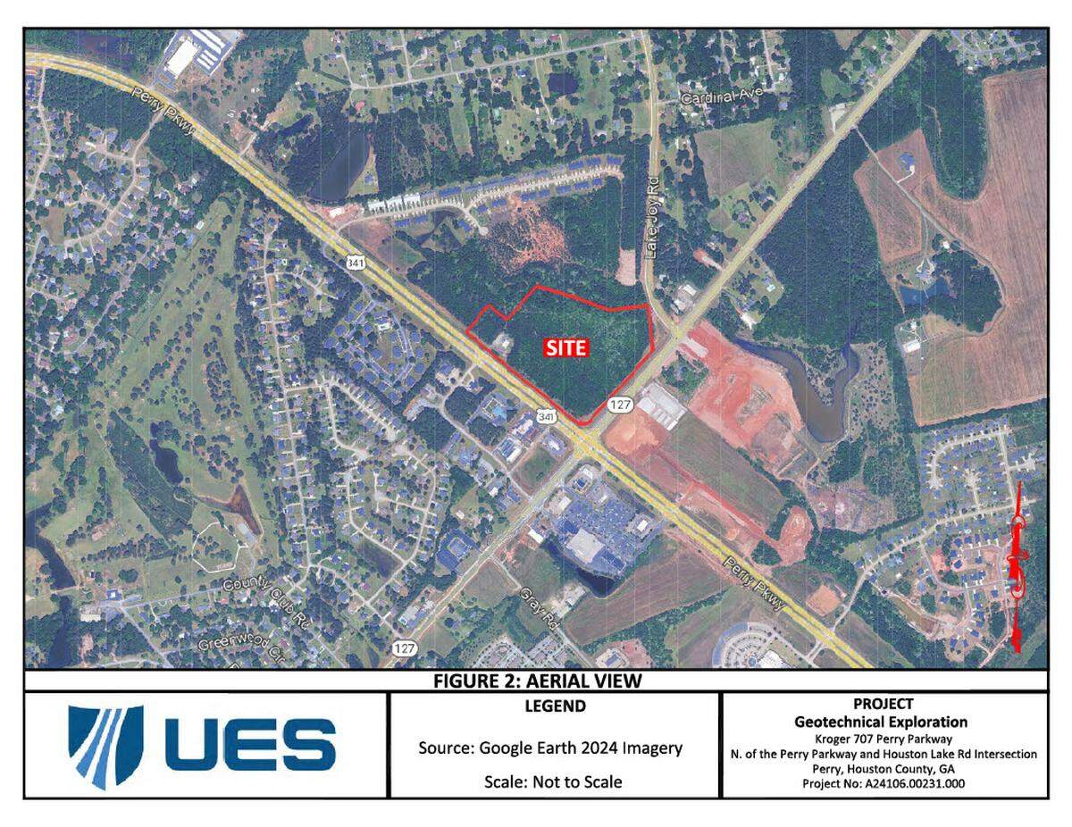 Aerial view of proposed Kroger Marketplace and shopping center at the corner of Perry Parkway and Houston Lake Road included with planning documents submitted to the city of Perry.
