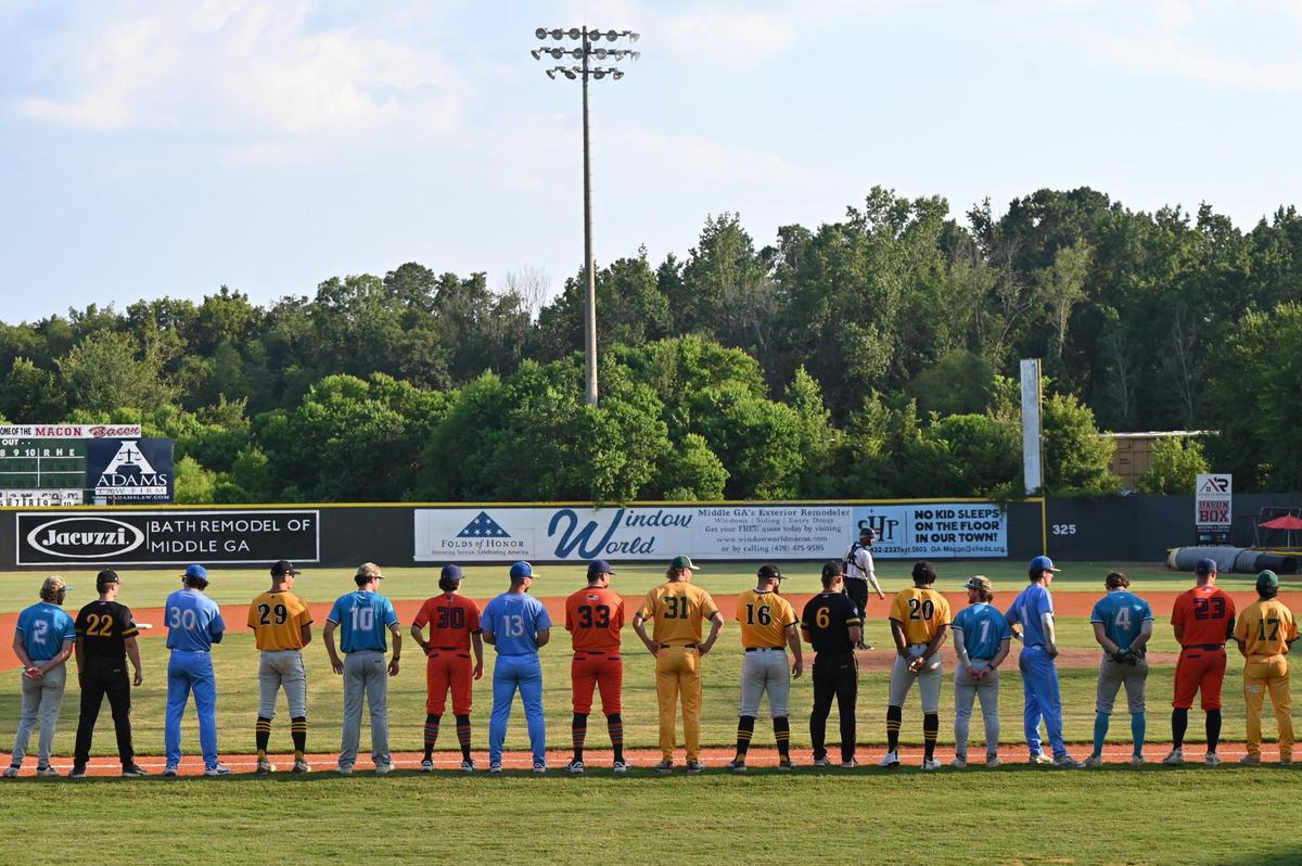 All-star players from across the Coastal Plains League line up during player introductions before the start of the Coastal Plains League All-Star Game on Monday, July 7, 2025, at Luther Williams Field in Macon, Georgia. The summer baseball collegiate Coastal Plains League, which includes the Macon Bacon, hosted its annual All-Star Game in Macon this year for the first time in the game’s 24 year history.