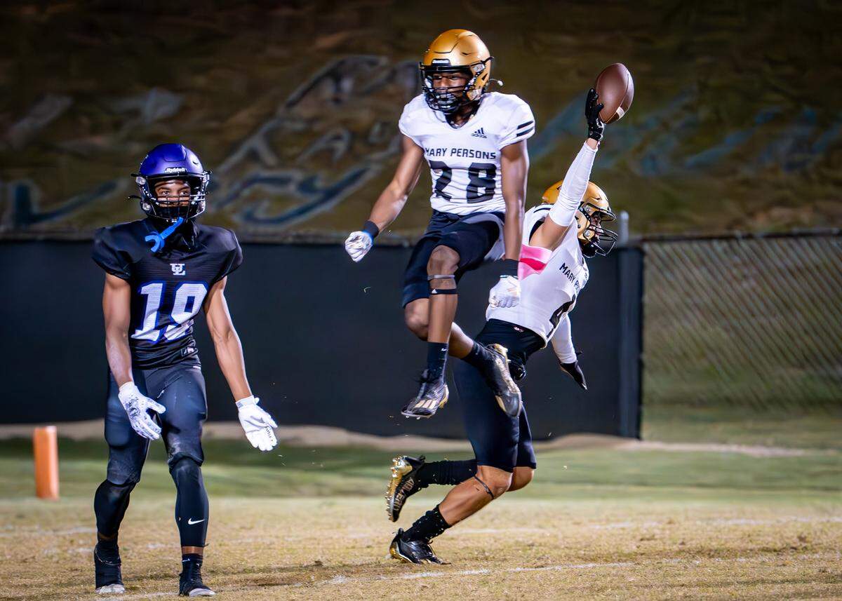 Mary Persons cornerback Nic Arnold (4) celebrates his interception of Upson-Lee quarterback Jaden Watts duirng the matchup Friday in Thomaston.
