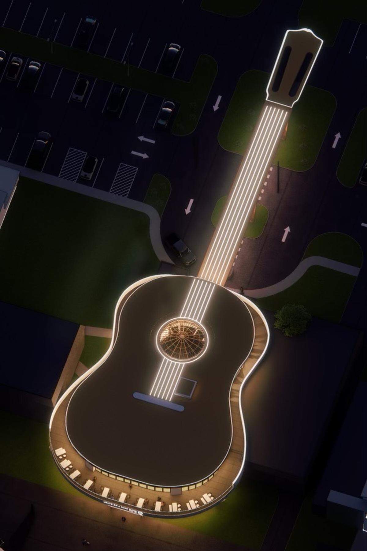 Macon-Bibb County revealed the plans for a new executive terminal at the Middle Georgia Regional Airport that will look like a guitar from the sky to commemorate Macon’s musical heritage.