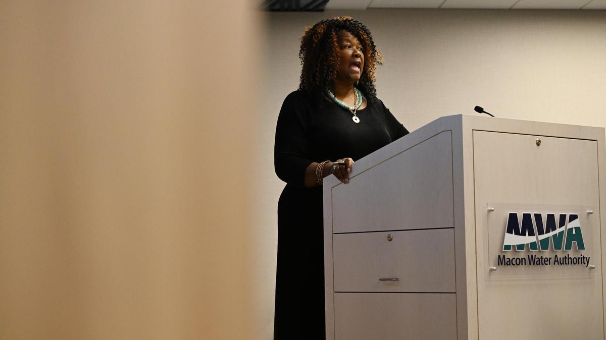 Macon Water Authority district 1 board member Elaine Lucas speaks during a press conference on Thursday, April 17, 2025, at the Macon Water Authority building in Macon, Georgia. Lucas accused other Macon Water Authority members of misusing purchase cards and taking racist actions against her and the only other Black board member Desmond Brown since she was elected to the board this year.