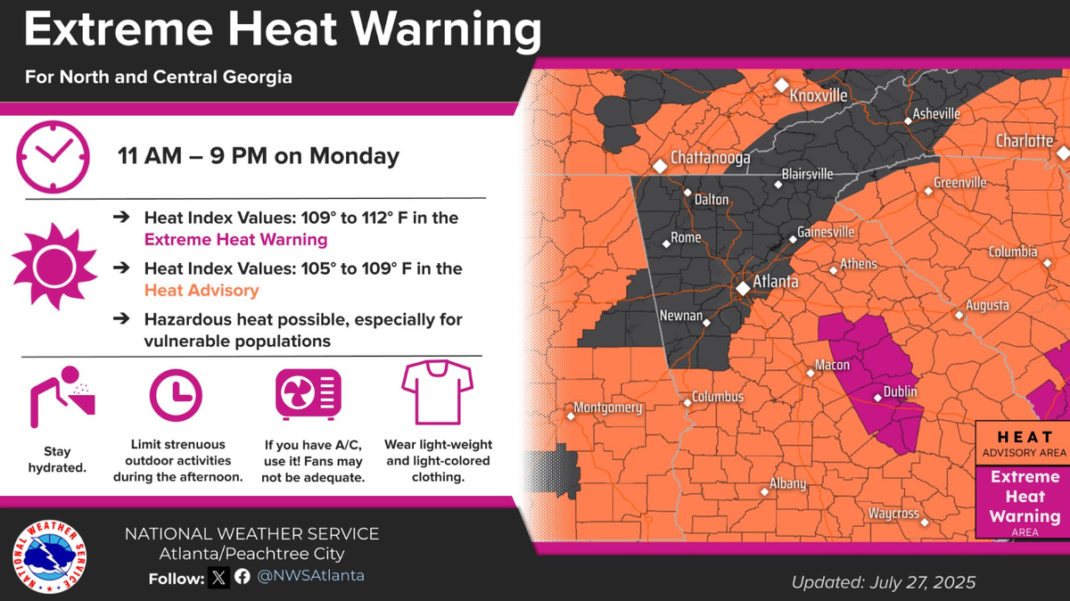National Weather Service map shows central and eastern Georgia under an Excessive Heat Warning (purple), while surrounding areas face a Heat Advisory (orange)