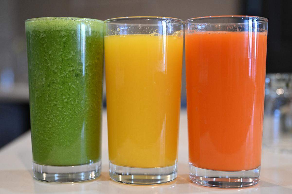 Freshly squeezed juices at Meridian Brunch & Bar in Perry, including the green detox, orange juice and the sunrise boost of orange and carrot juice. Co-owner Diego Gonzalez said he wanted to offer fresh juices similar to brunch spots in Mexico.