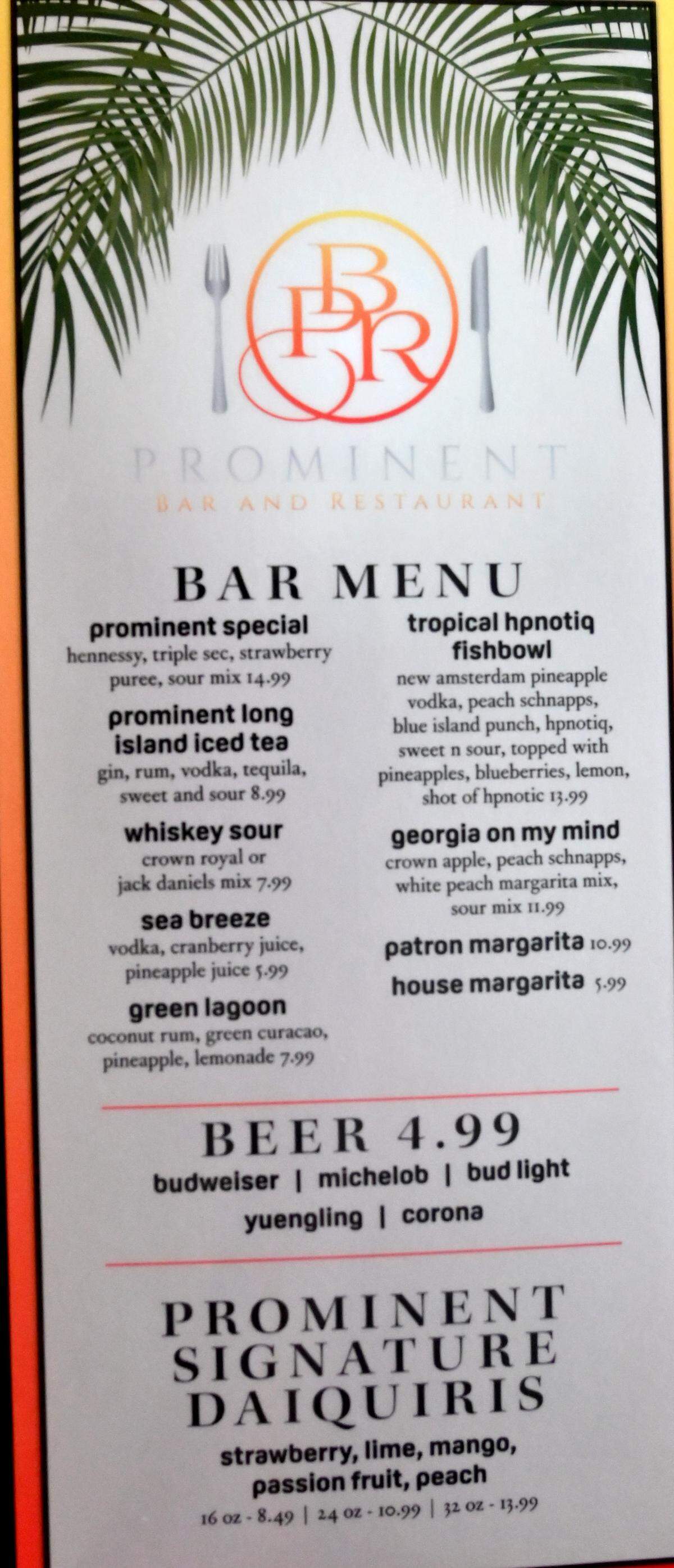 Bar menu at Prominent Bar and Restaurant in Byron.