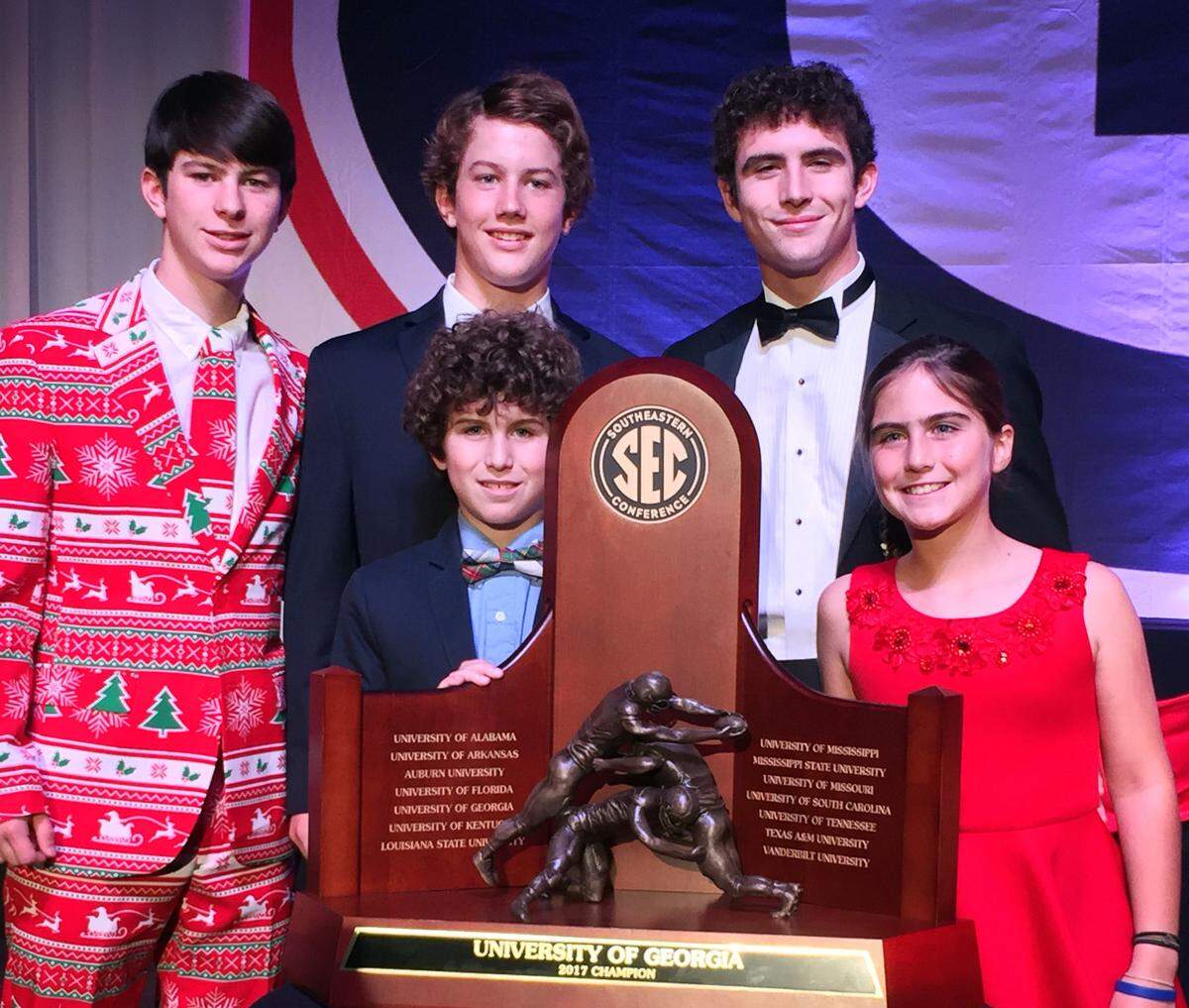 Stetson Bennett in 2017 was one of four UGA winners of Offensive Scout Team Player of the Year, given at the team’s post-season awards gala. Here he is with siblings. Picture (on the back row) are Luke, Knox and Stetson, and (one the front row) Maverick and Olivia.