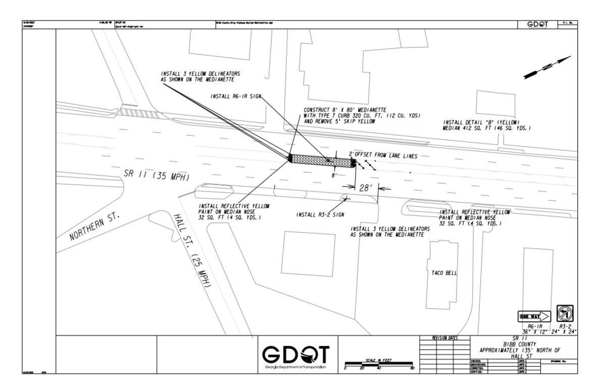 A possible option for placement of a median at Gray Highway is shown in a drawing above.