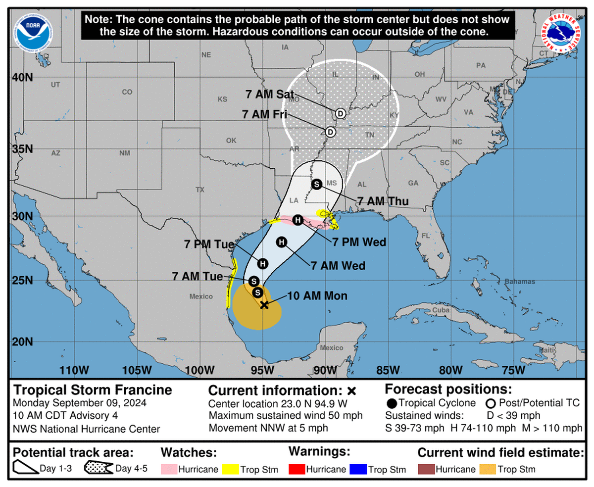 Tropical Storm Francine’s path, according to the National Weather Service.
