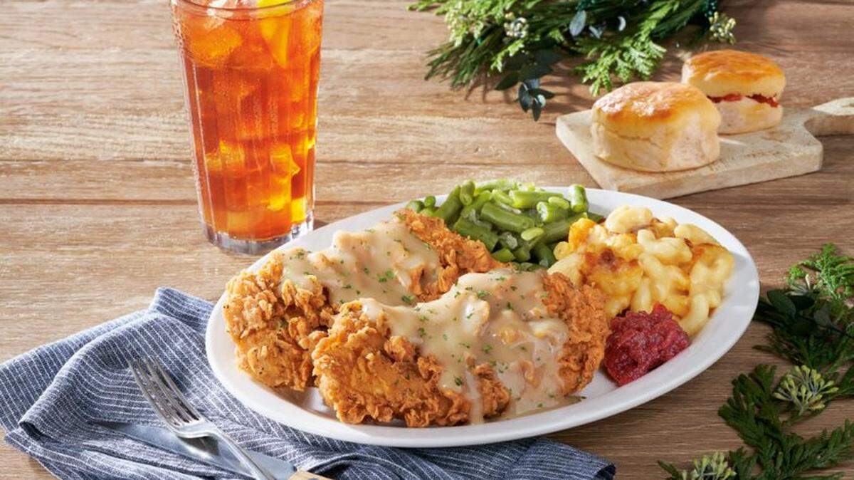 Starting at 11 a.m. Thanksgiving Day, Cracker Barrel is offering up a traditional turkey-and-dressing Thanksgiving meal. Guests may also order a seasonal favorite, their country fried turkey (pictured here) or their classics like country fried steak, meatloaf and chicken and dumplings from a simplified lunch and dinner menu. The national chain’s restaurants are open during normal business hours Thanksgiving Day.