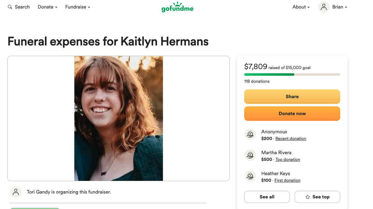 The GoFundMe page, created by family friend Tori Gandy, dedicated to covering 23-year-old Kaitlyn Hermans’ funeral expenses. Hermans died as a result of a crash on I-75 Saturday afternoon.