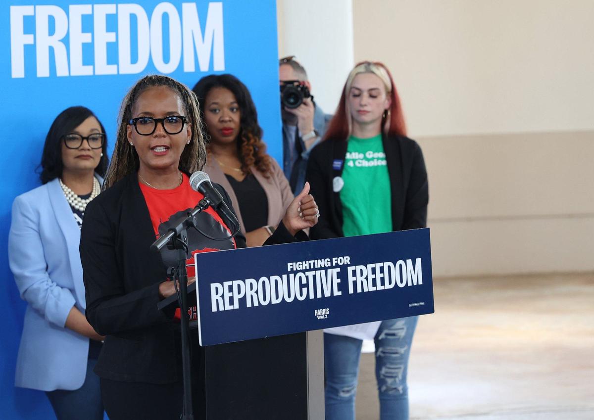 Former Atlanta mayor Keisha Lance Bottoms speaks as one of five speakers at the “Fighting for Reproductive Rights” bus tour stop on Friday, Sept. 6, 2024, at Carolyn Crayton Park in Macon, Georgia. Although Harris was not present, various speakers from across the state spoke at the tour stop specifically about Harris’ stance in support of abortion and reproductive rights.