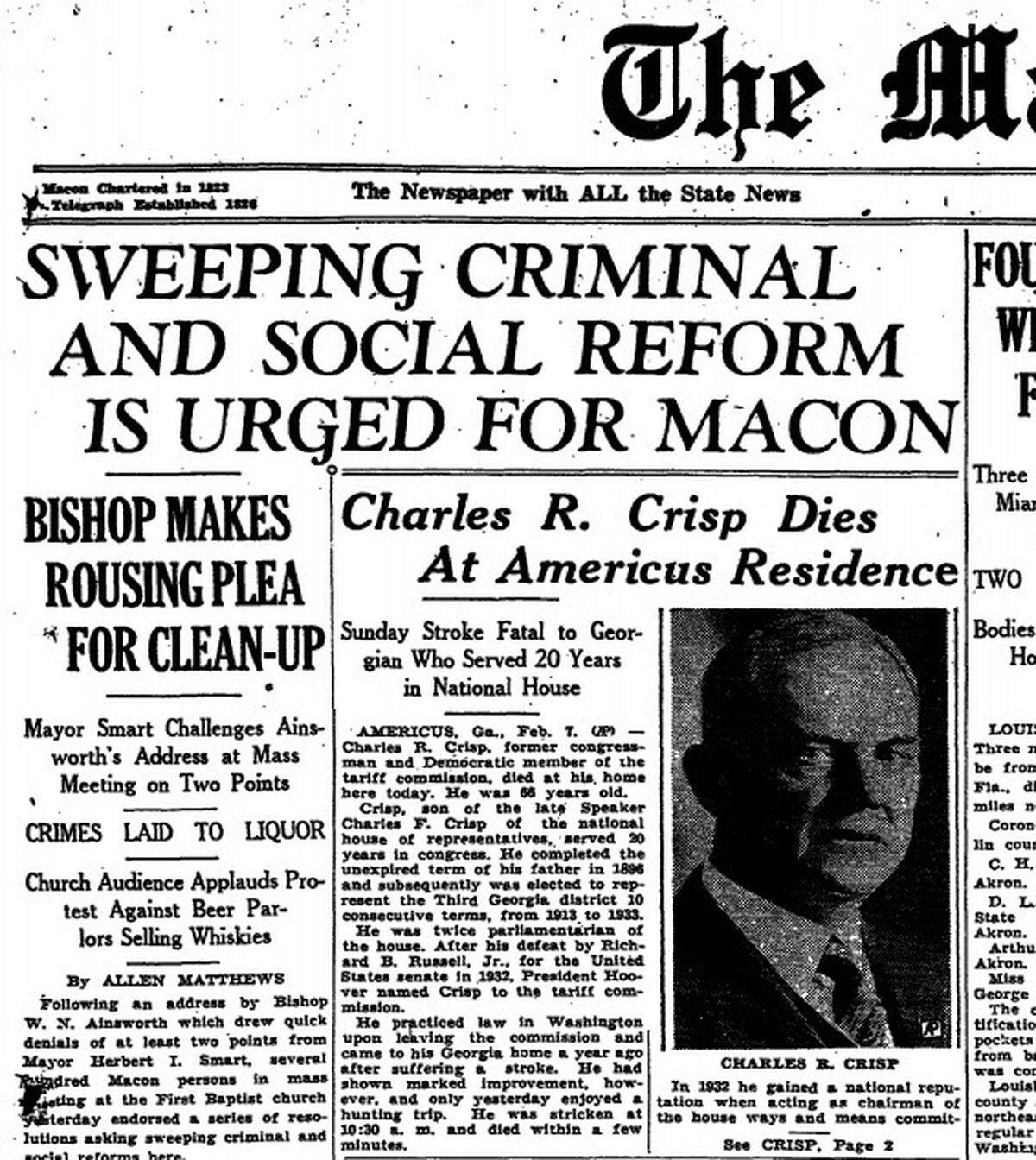 A Telegraph front page from February 1937.