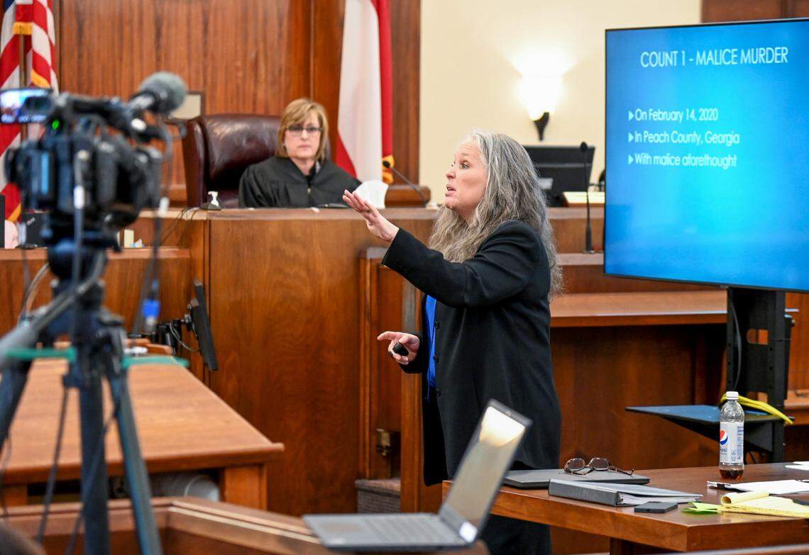 Assistant district attorney Dawn Baskin delivering her closing argument Tuesday in the Peach County murder trial of Demarcus Little, accused of murdering Fort Valley State University student Anitra Gunn.