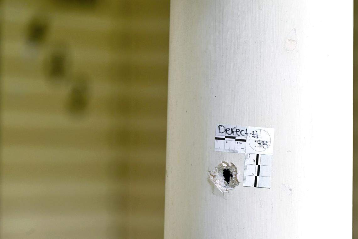 A bullet hole remains in a column on the front porch of the home of Christy Parks on Tharpe Road in Warner Robins. Parks son Brian was shot and killed by Houston County deputies when he showed a gun during a welfare check.