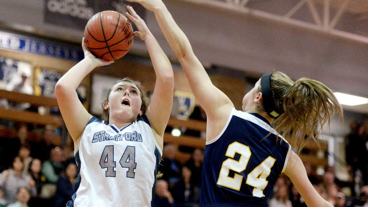 Stratford’s Hailey Mosely (44) puts up a shot over Prince Avenue Christian guard Janie Henderson (24) Wednesday night during the Eaglettes’ 43-40 second round playoff win. Stratford will host Calvary Day Tuesday, February 26, in the elite eight.