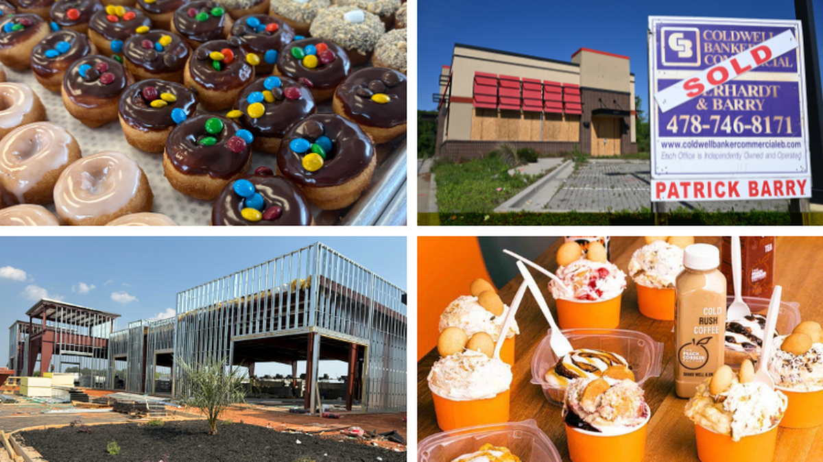 Some food and dining developments The Telegraph reported in April included Little Light Coffee Co.’s expansion in Warner Robins (top left), a Jack in the Box proposed in Macon (top right), The Peach Cobbler Factory announcing a new shop in Macon (bottom right) and The Shops at Aria continuing construction on phase two of the development which will house up to six shops.