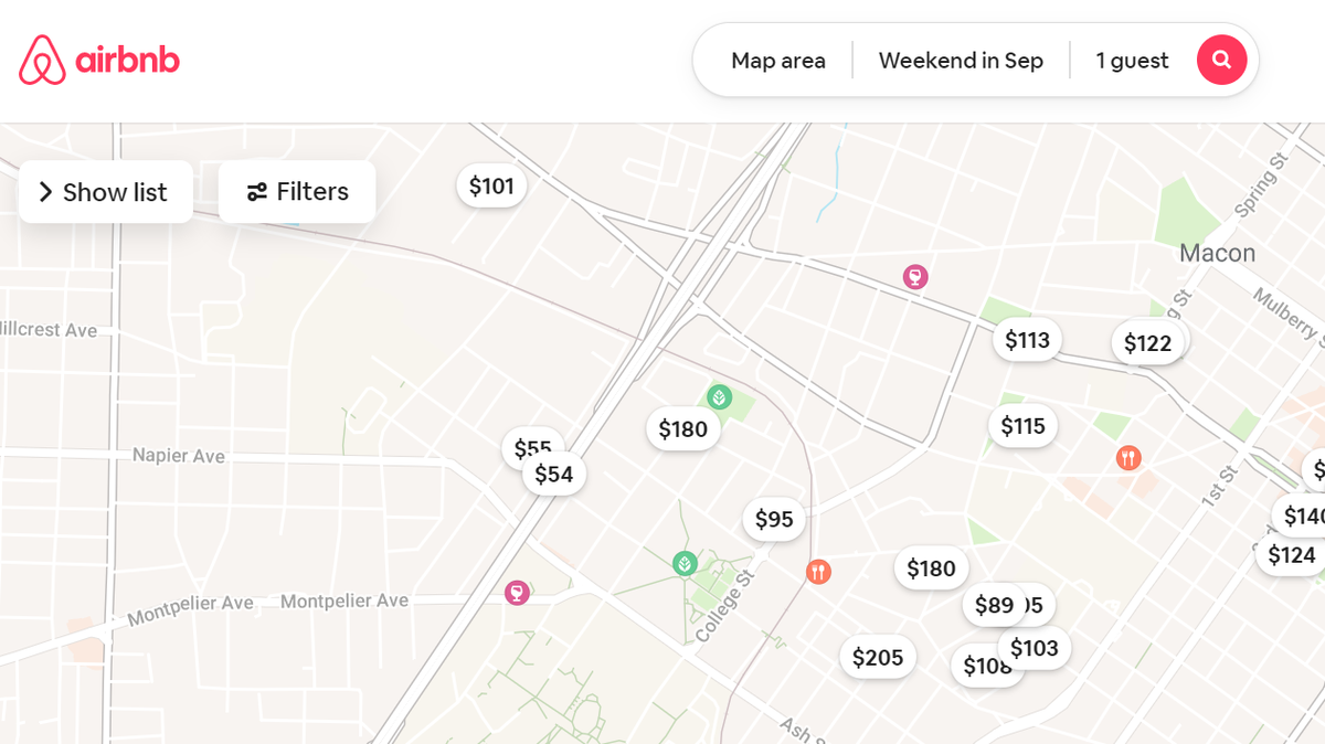 A screenshot of AirBNB listings in Macon.