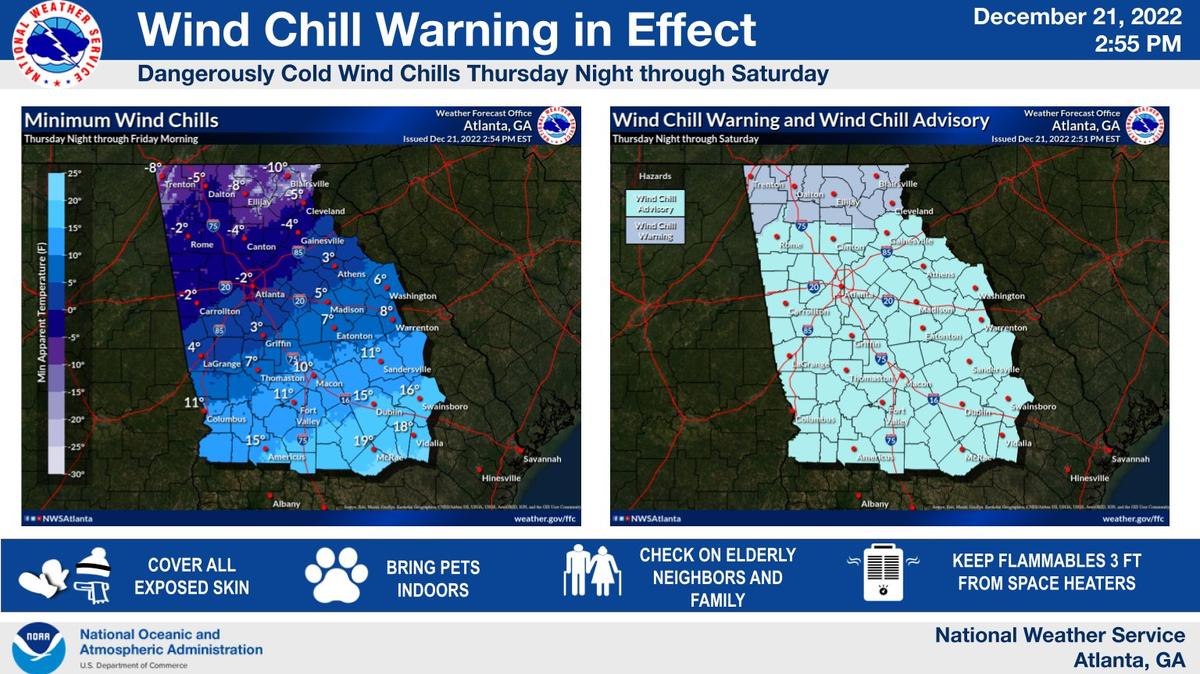 The National Weather Service in Peachtree City has issued a wind chill warning for much of the Peach State.