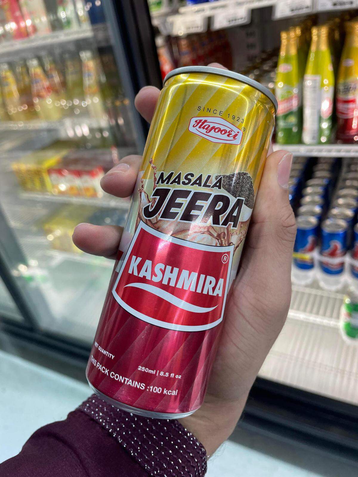 Hajoori Kashmira Masala Jeera, a soda pop made with roasted cumin and traditional Indian spices, can be found at the new Maharaja Market, an Indian-Pakistani grocery store in Warner Robins.