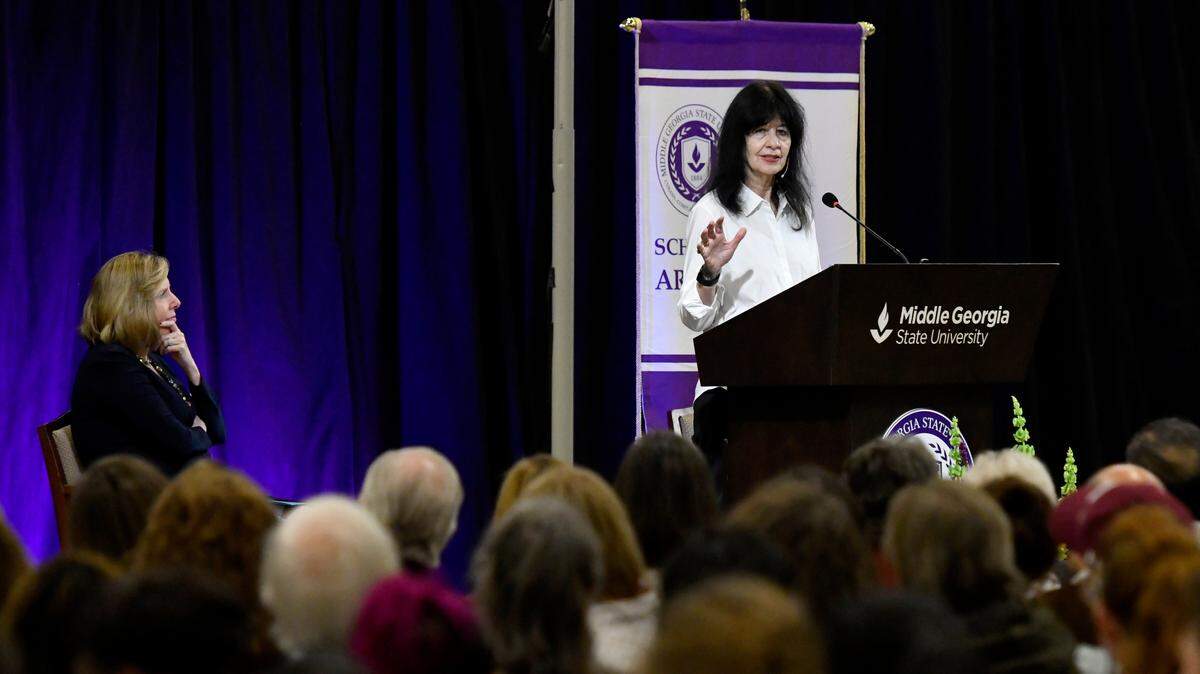 Former U.S. Poet Laureate Joy Harjo speaks to a packed gymnasium on Middle Georgia State’s Macon campus in this Telegraph file photo. Harjo is returning to Middle Georgia next week.