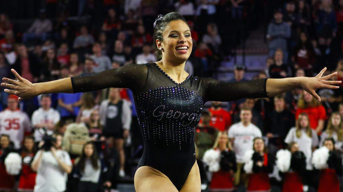 Georgia’s Sabrina Vega during a gymnastics meet between the University of Georgia and Ohio State University in Stegeman Coliseum in Athens, Ga., on Saturday, Jan. 5, 2019.