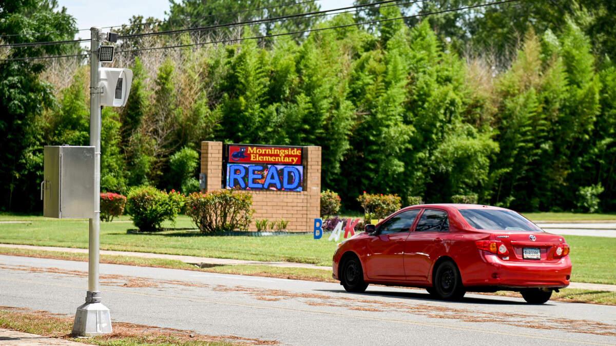 An automated school zone enforcement camera across the street from Morningside Elementary in Perry.