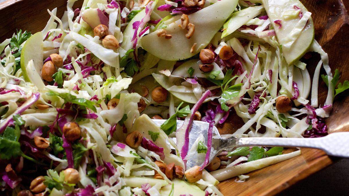 Slaw with Pears, Toasted Hazelnuts and Buttermilk Dressing.