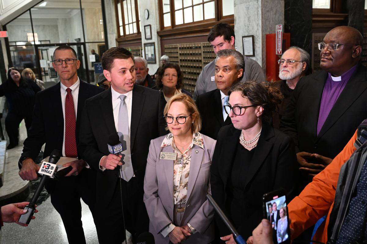 U.S. attorney Will Keyes (left) speaks during a press conference following the sentencing of Ariel Collazo Ramos on Wednesday, Feb. 4, 2026, at the federal courthouse in Macon, Georgia. U.S. District Judge Marc Treadwell gave Ramos the maximum sentence of five years after he was found guilty of the hate crime of mailing anti-Semitic threats to Temple Beth Israel Rabbi Elizabeth Bahar and Georgia State Rep. Esther Panitch.