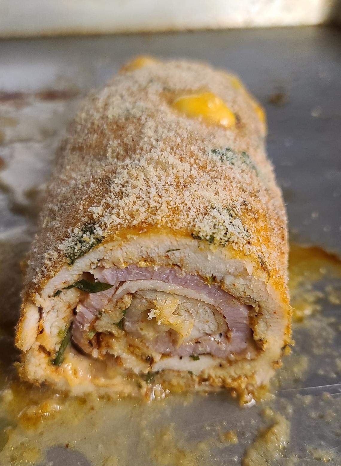 Chicken rocambole, a dish of chicken, cheese and bacon wrapped up together, breaded and baked, served up at Mr. Pingo’s House, 3001 Vineville Ave., Macon.