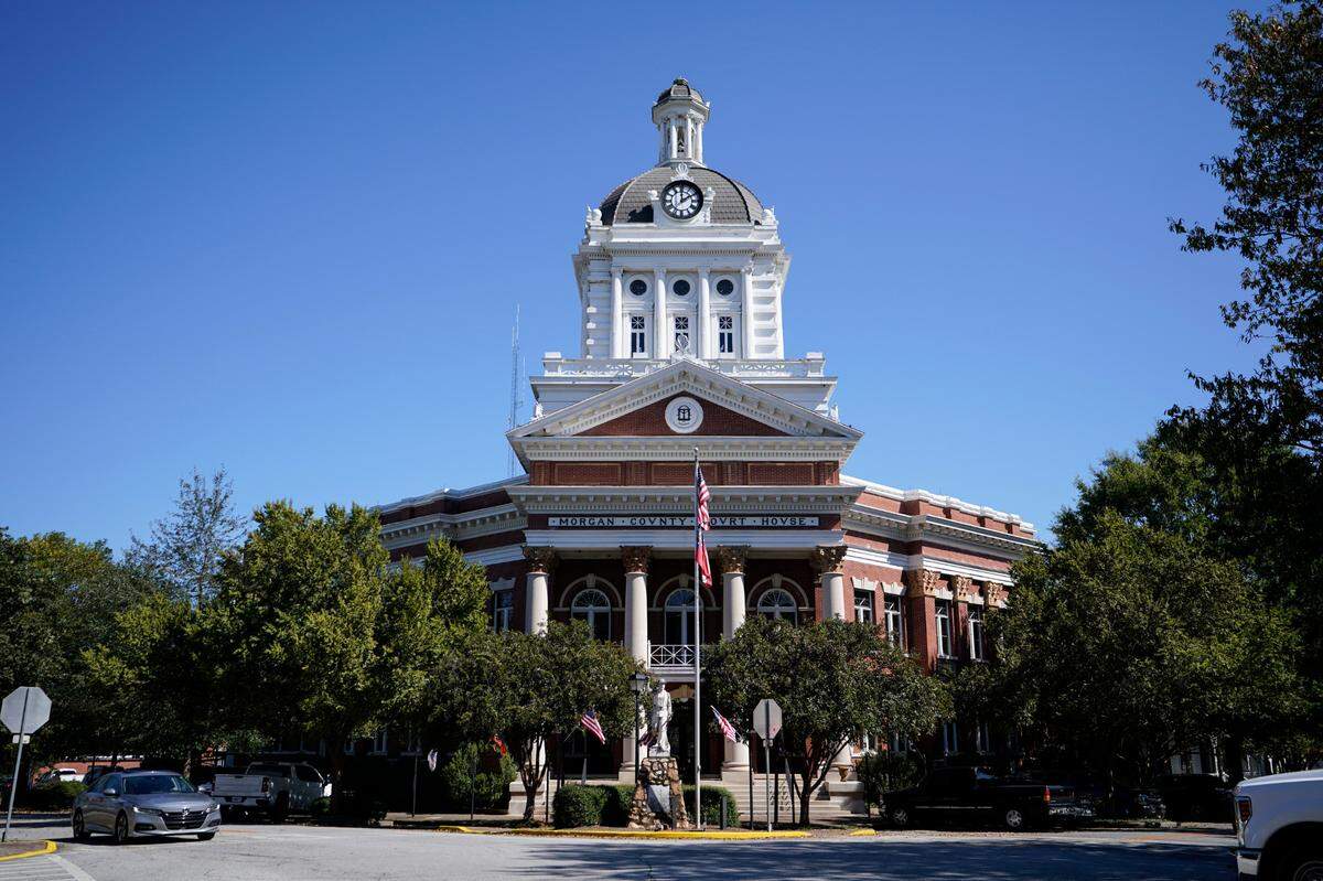 The Morgan County courthouse is seen in Madison, Ga., on Wednesday, Oct.14, 2020. (AP Photo/John Bazemore)