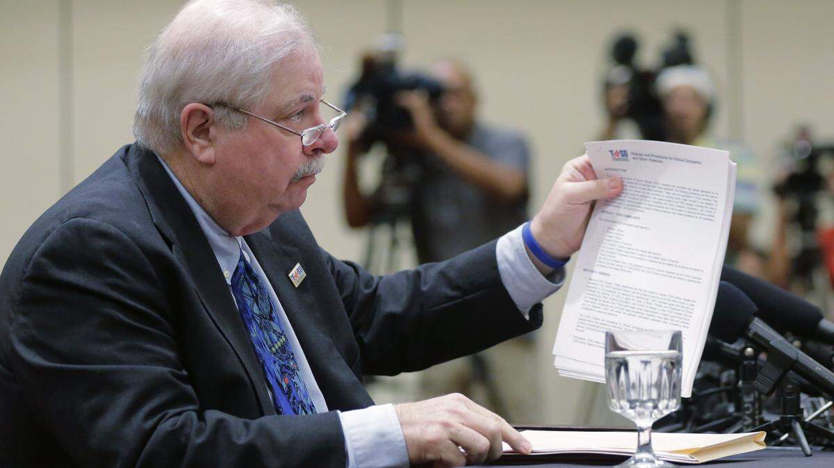 Mike Fitch, Executive Director of the Texas Association of Sports Officials, addresses an emergency meeting of the University Interscholastic League (UIL) State Executive Committee, Wednesday, Sept. 9, 2015, in Round Rock, Texas. The UIL, the governing body for high school sports in Texas, called the meeting to investigate two John Jay High school football players that hit a referee and the surrounding events.