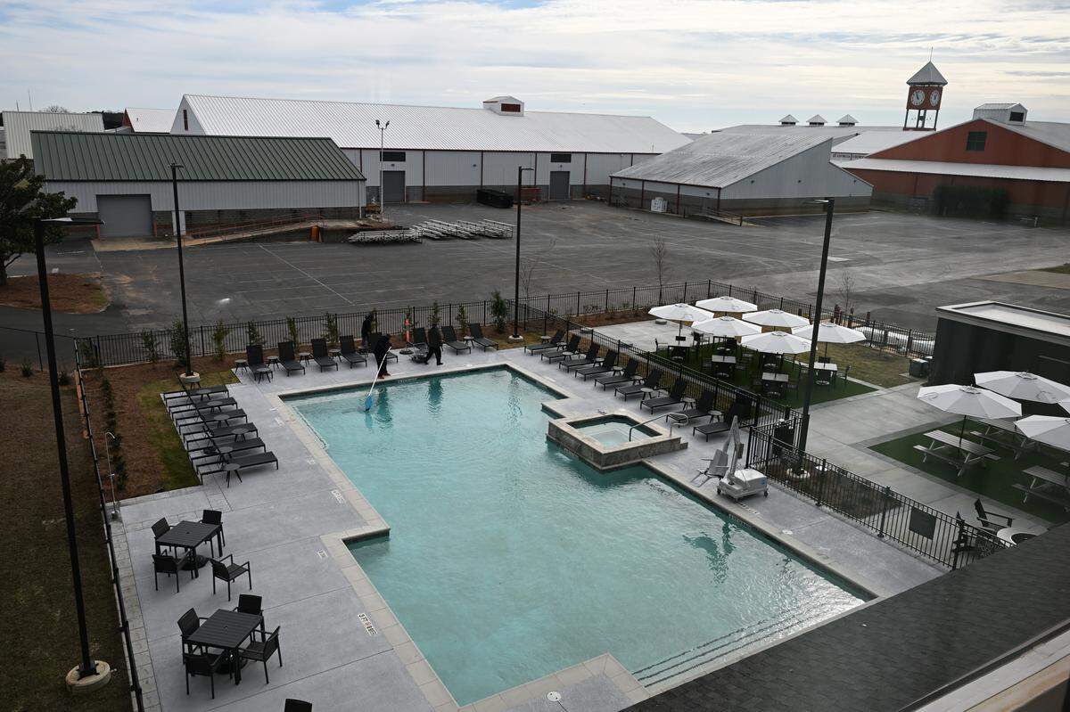 The pool and outdoor seating area at the Fairfield by Marriott Inn and Suites and TownePlace Suites by Marriott, a new dual branded hotel at the Georgia National Fairgrounds & Agricenter in Perry, Ga.