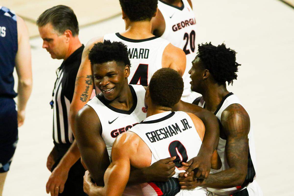 Georgia basketball player Anthony Edwards (5), Georgia basketball player Tyree Crump (4), Georgia basketball player Donnell Gresham Jr. (0) during a game against Citadel at Stegeman Coliseum in Athens, Ga., on Tuesday, Nov. 12, 2019.